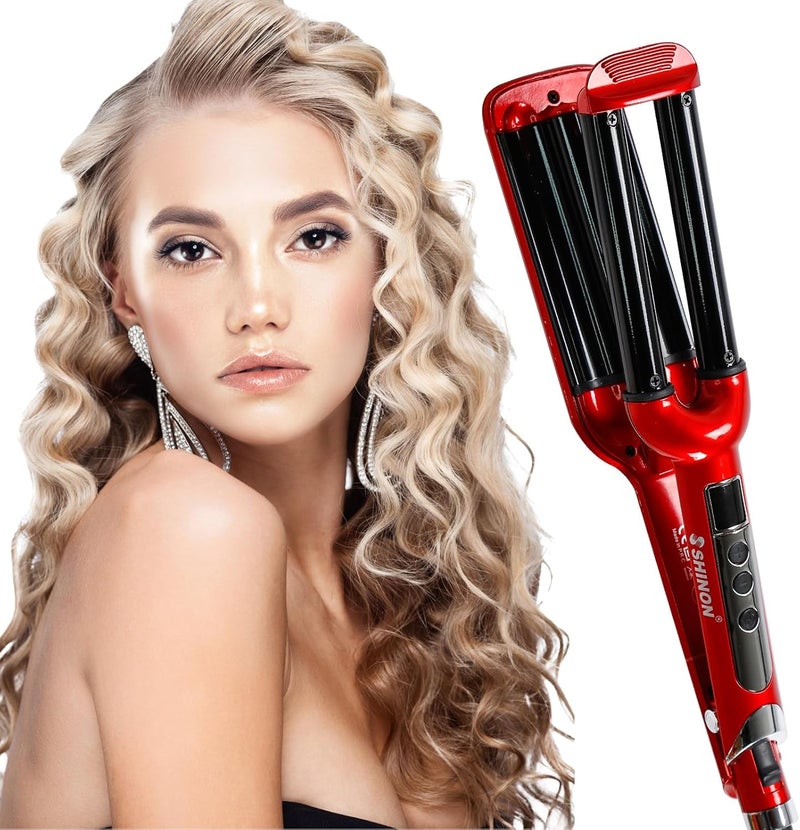 Mannice Ceramic Hair Iron, 3 Barrel Curling Iron 0.6 inch / 16mm Perm Instant Curls, Hair Crimper and Wavers, Red (8 inches), Ideal Gift for Valentine's Day or Mother's Day - Image 1